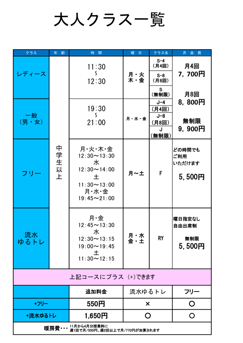 大人クラス一覧表