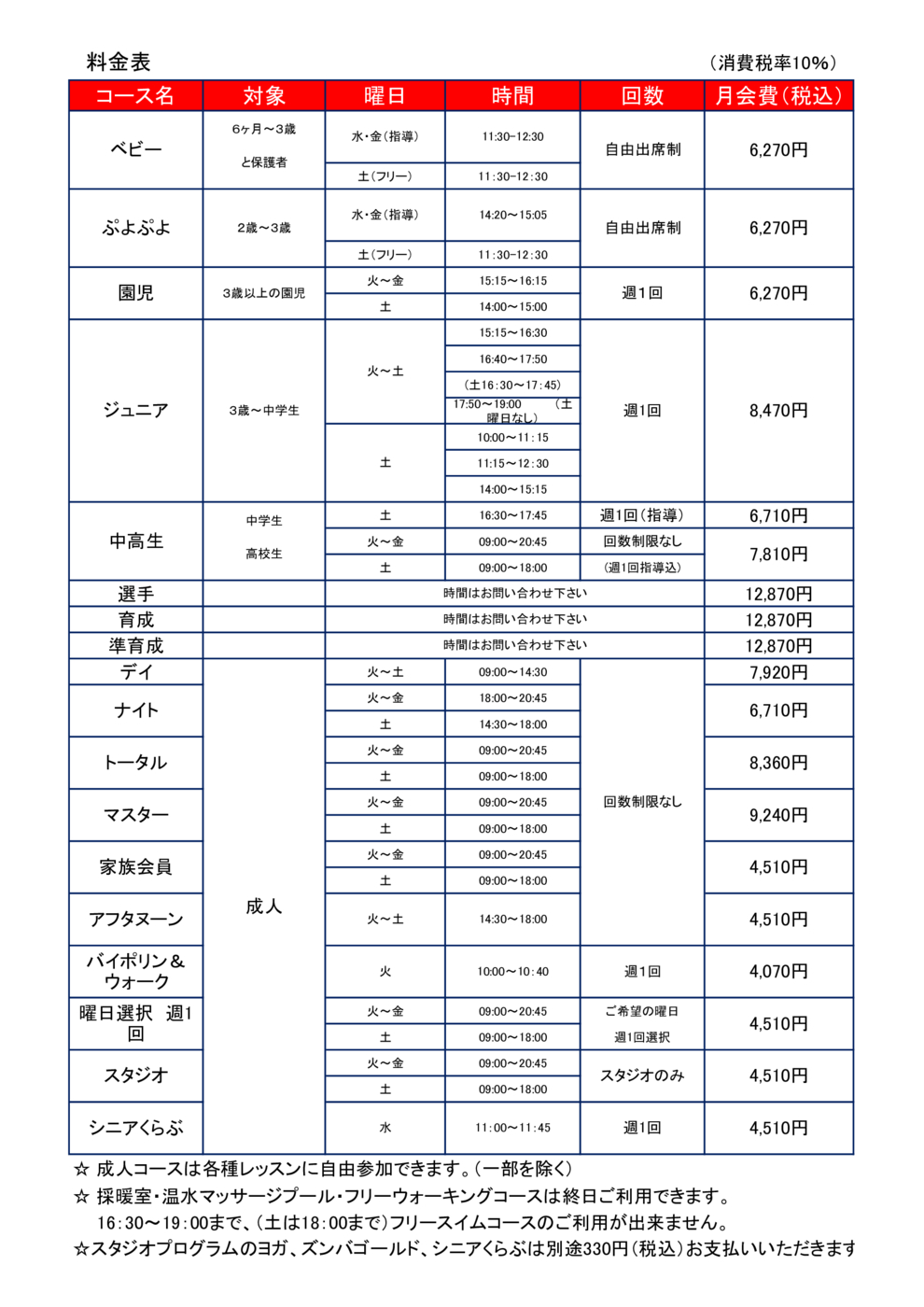 プログラム概要と料金画像