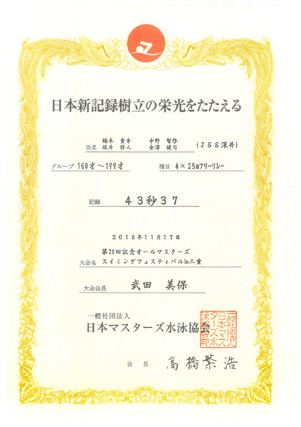 2018年11月～2019年11月ＪＳＳ深井マスターズリレー日本記録