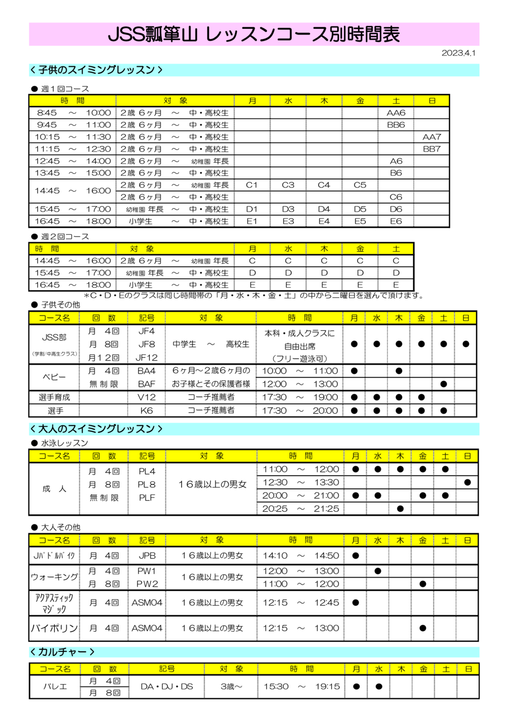 JSS瓢箪山 レッスンコース別時間表