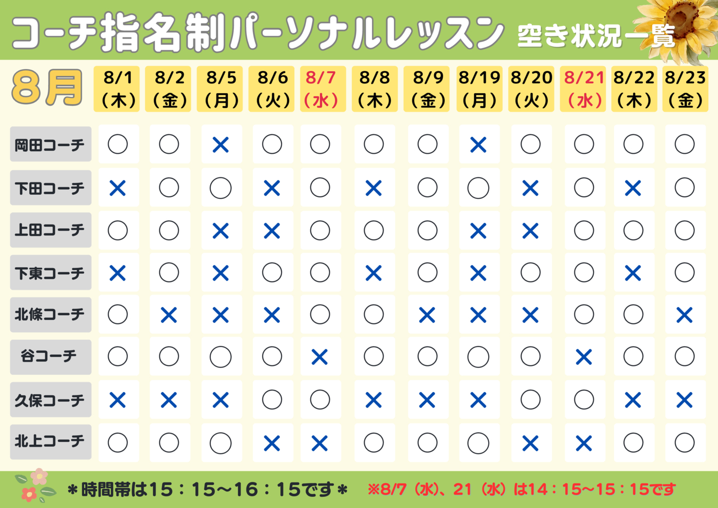 パーソナルレッスン　担当者