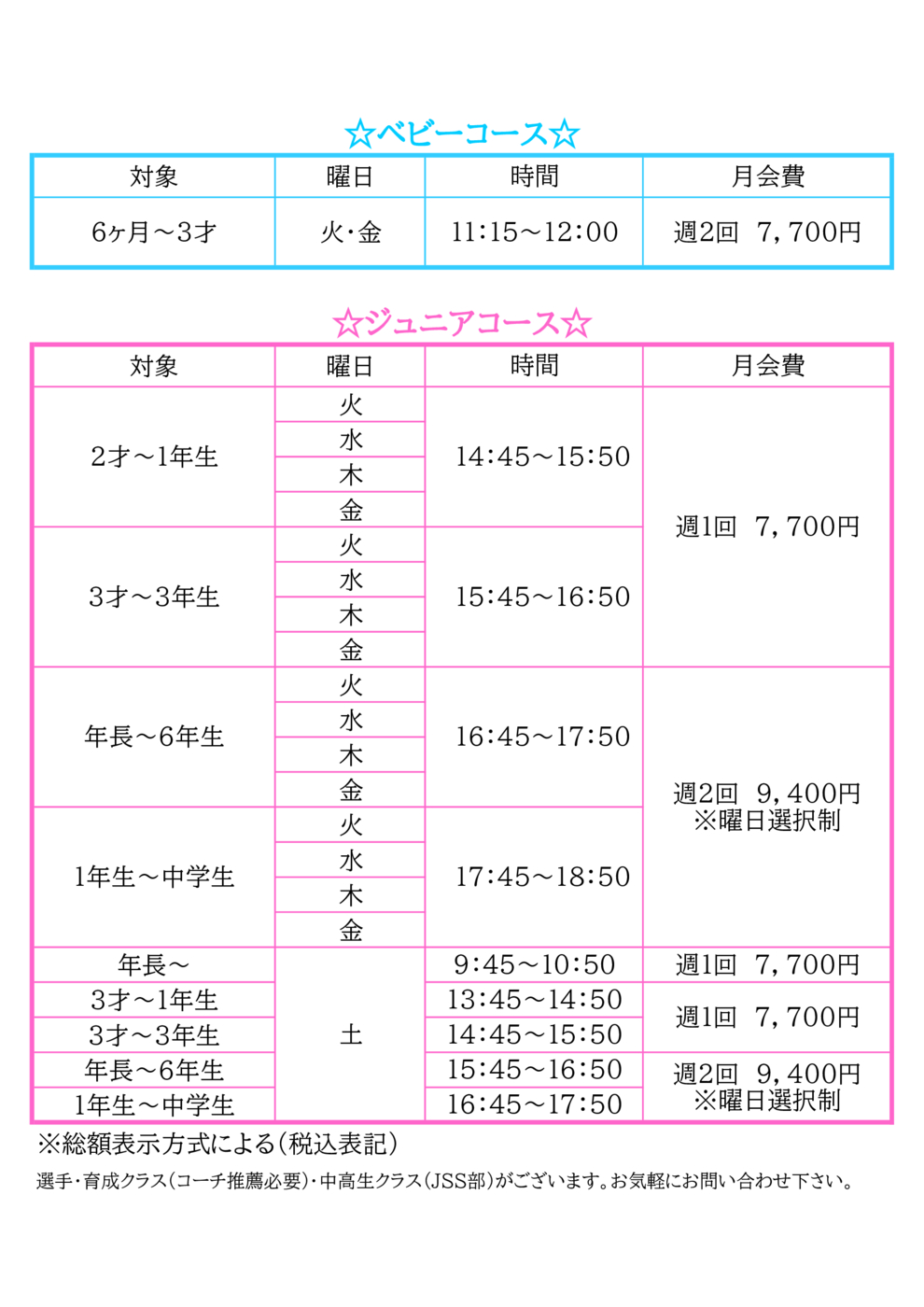 プログラム料金 ジュニア