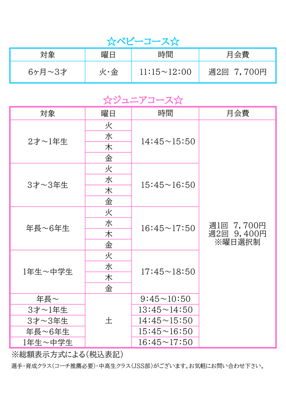 プログラム料金 ジュニア