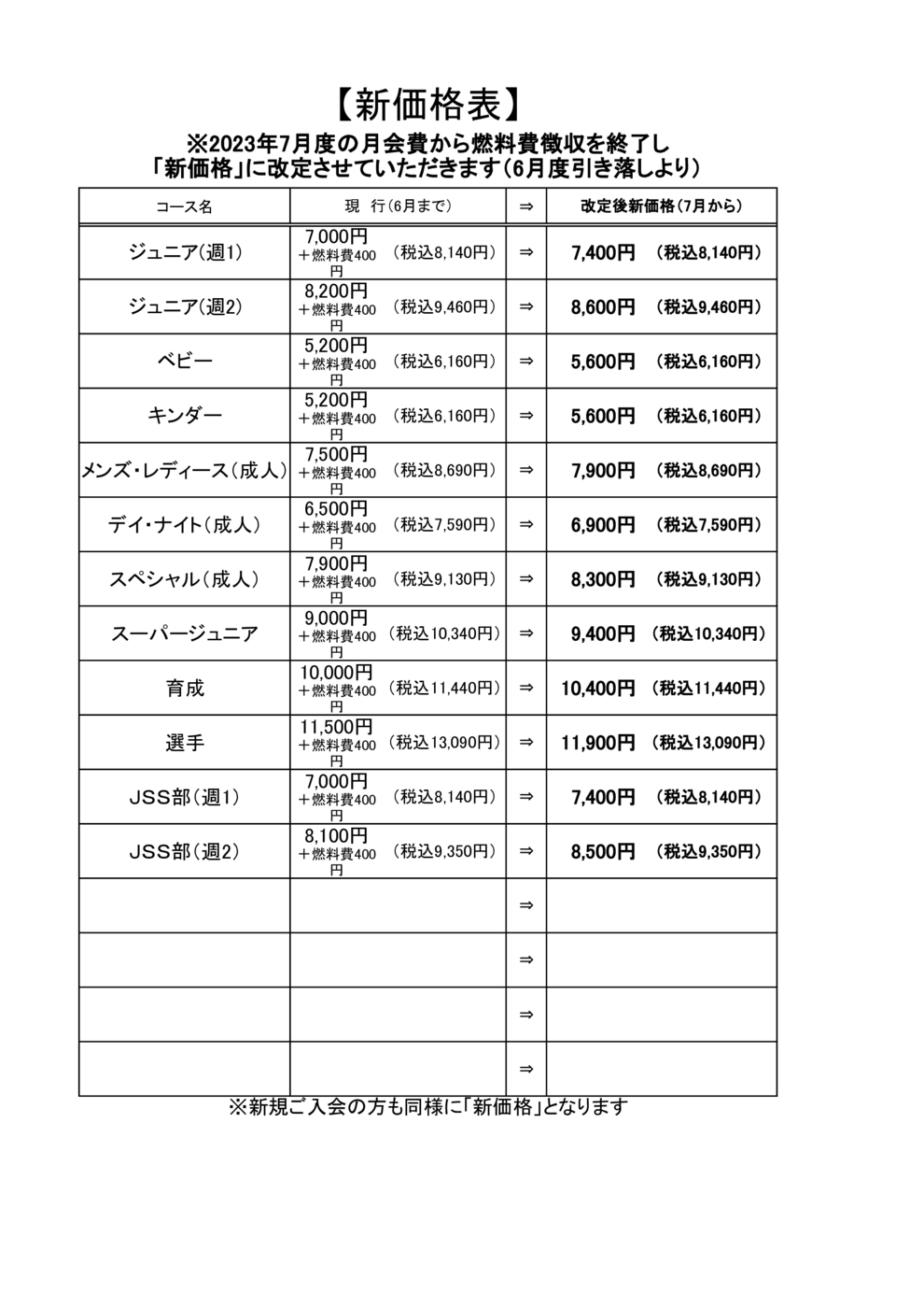 2023年7月新価格表