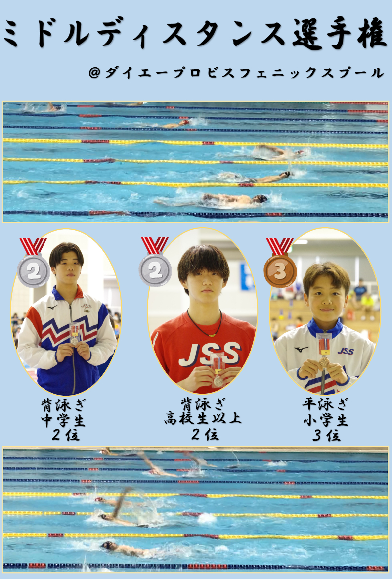新潟県長岡市でミドルディスタンス選手権が行われました。ＪＳＳジャンボからは３６名の選手が参加し、３名の選手が表彰台に上がることができました。