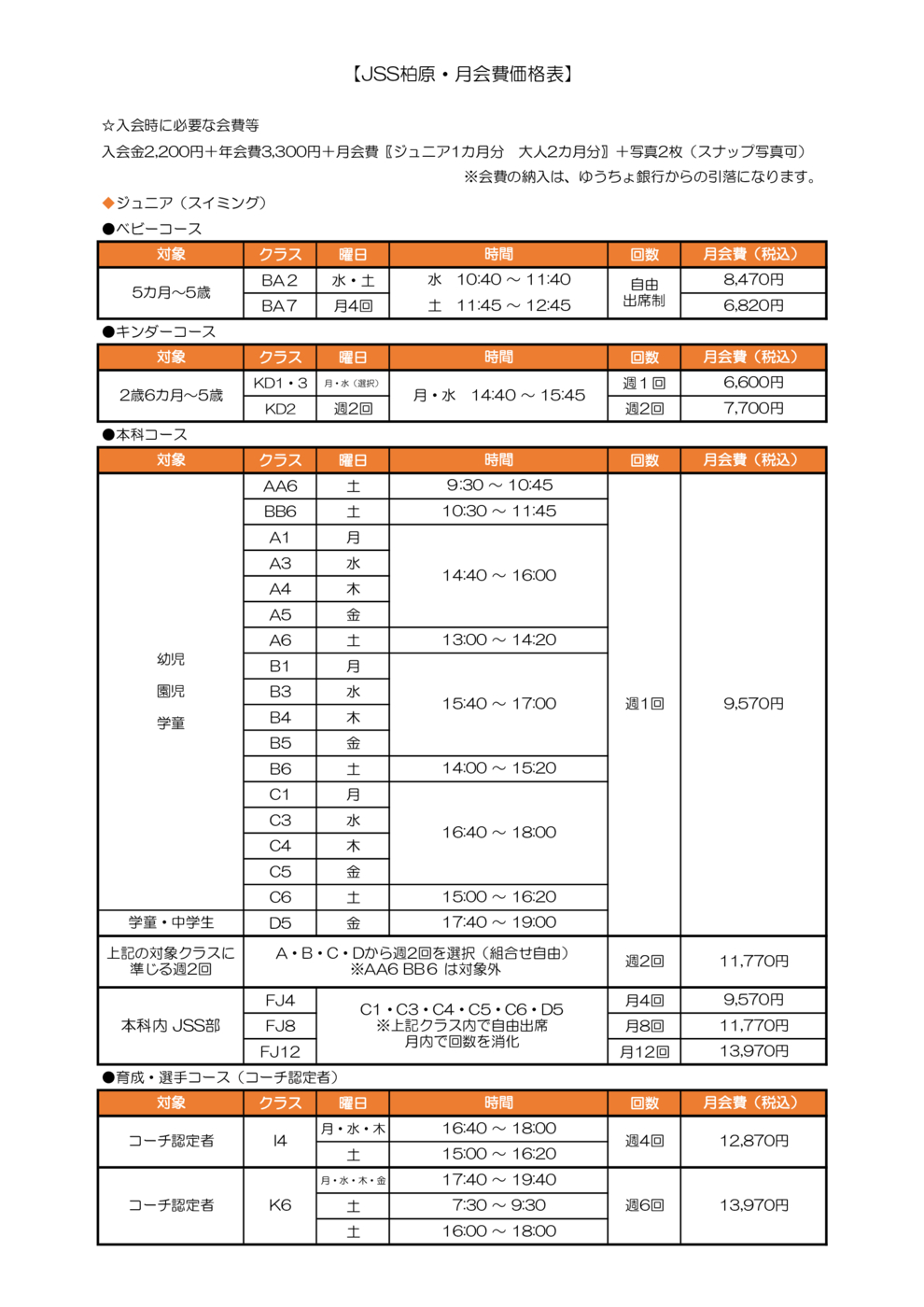 こどもJSS部大学なし会費一覧