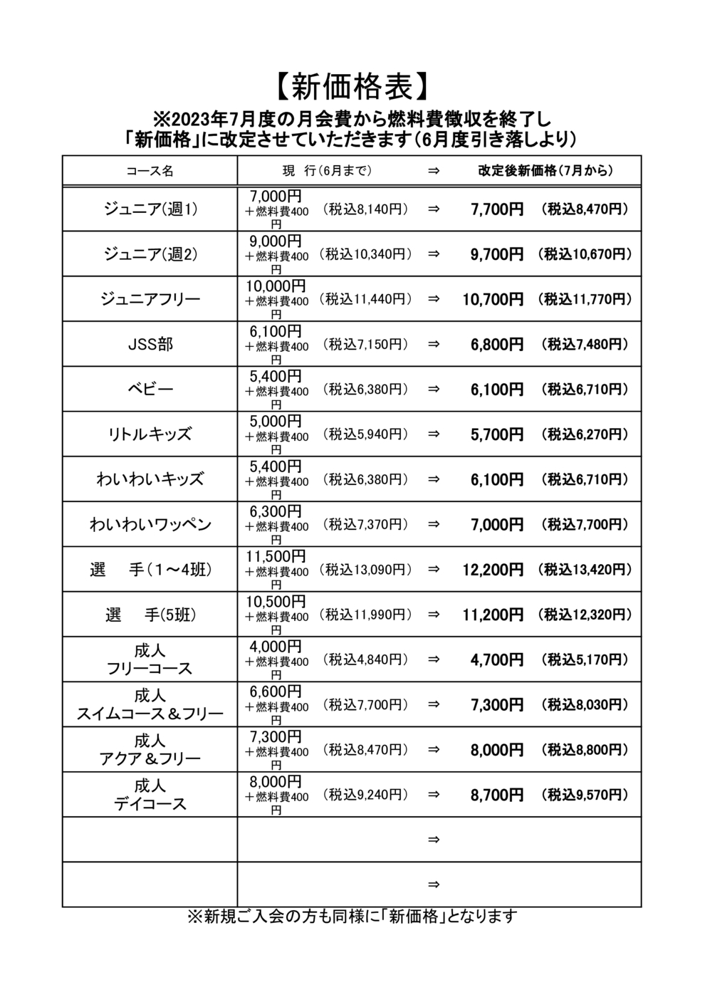 2023年7月新価格表