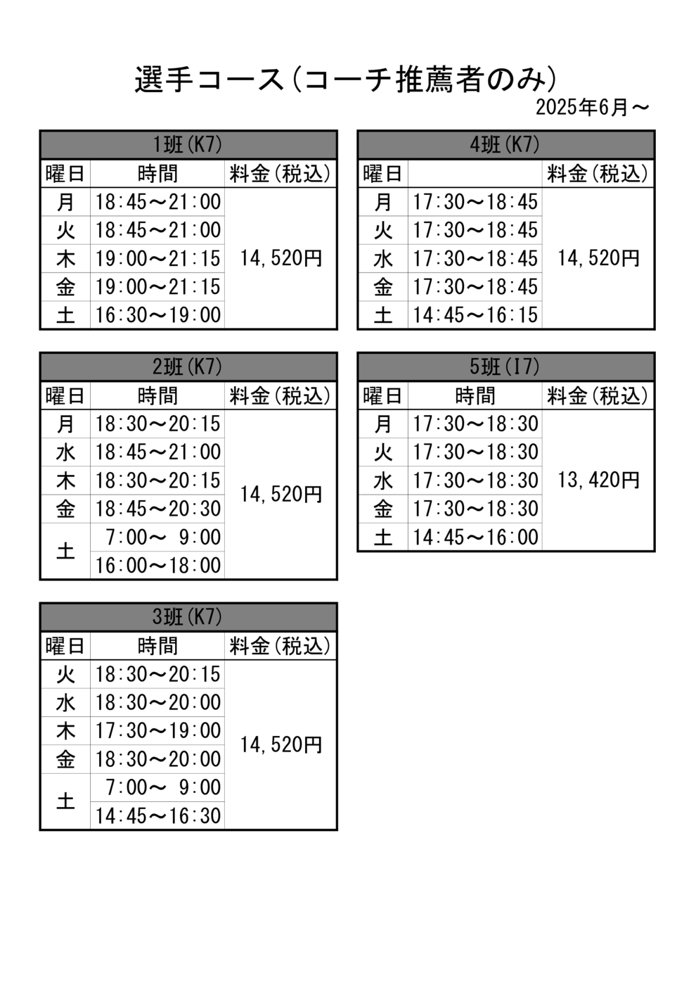 HP選手料金表