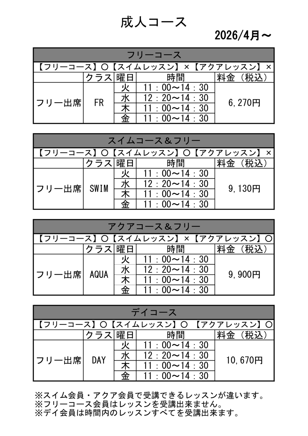 成人料金表