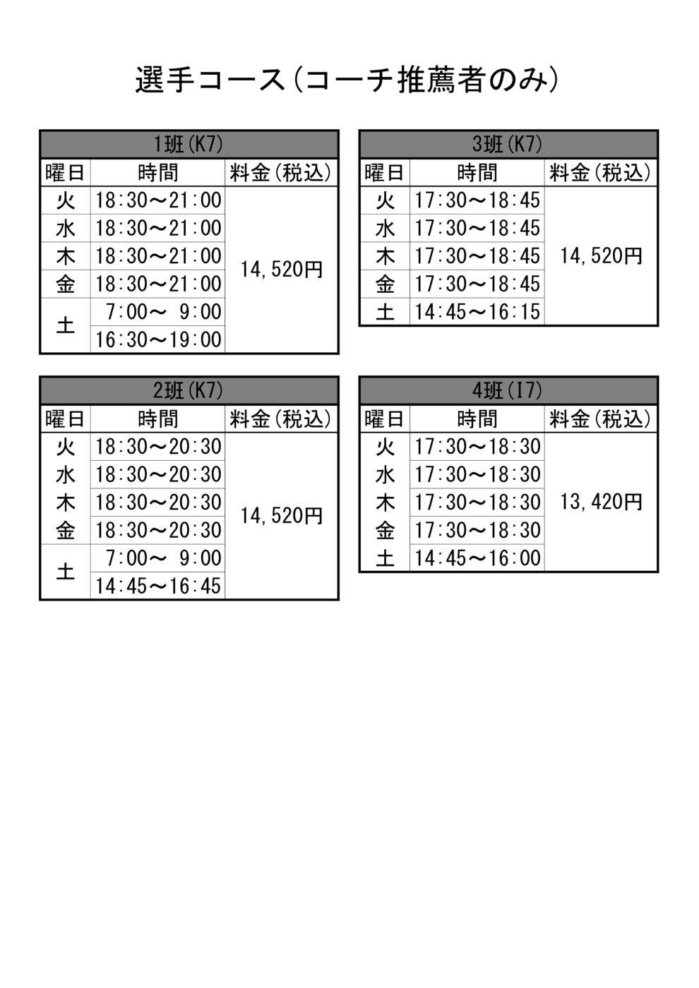 選手料金表