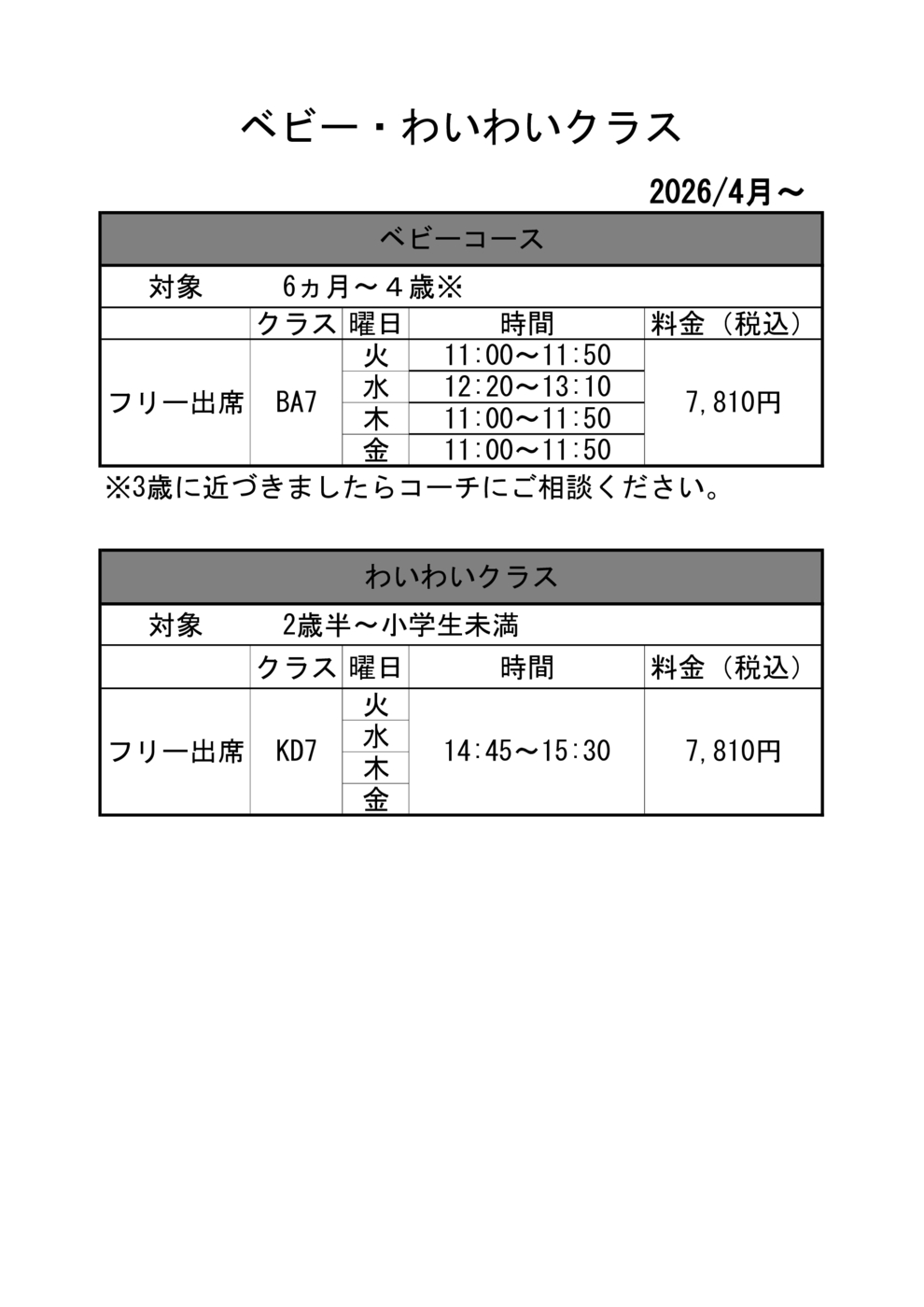 ベビー・わいわい料金表