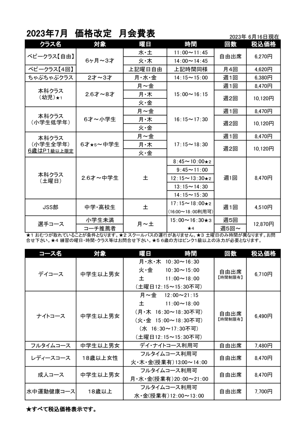 プログラム概要と料金画像