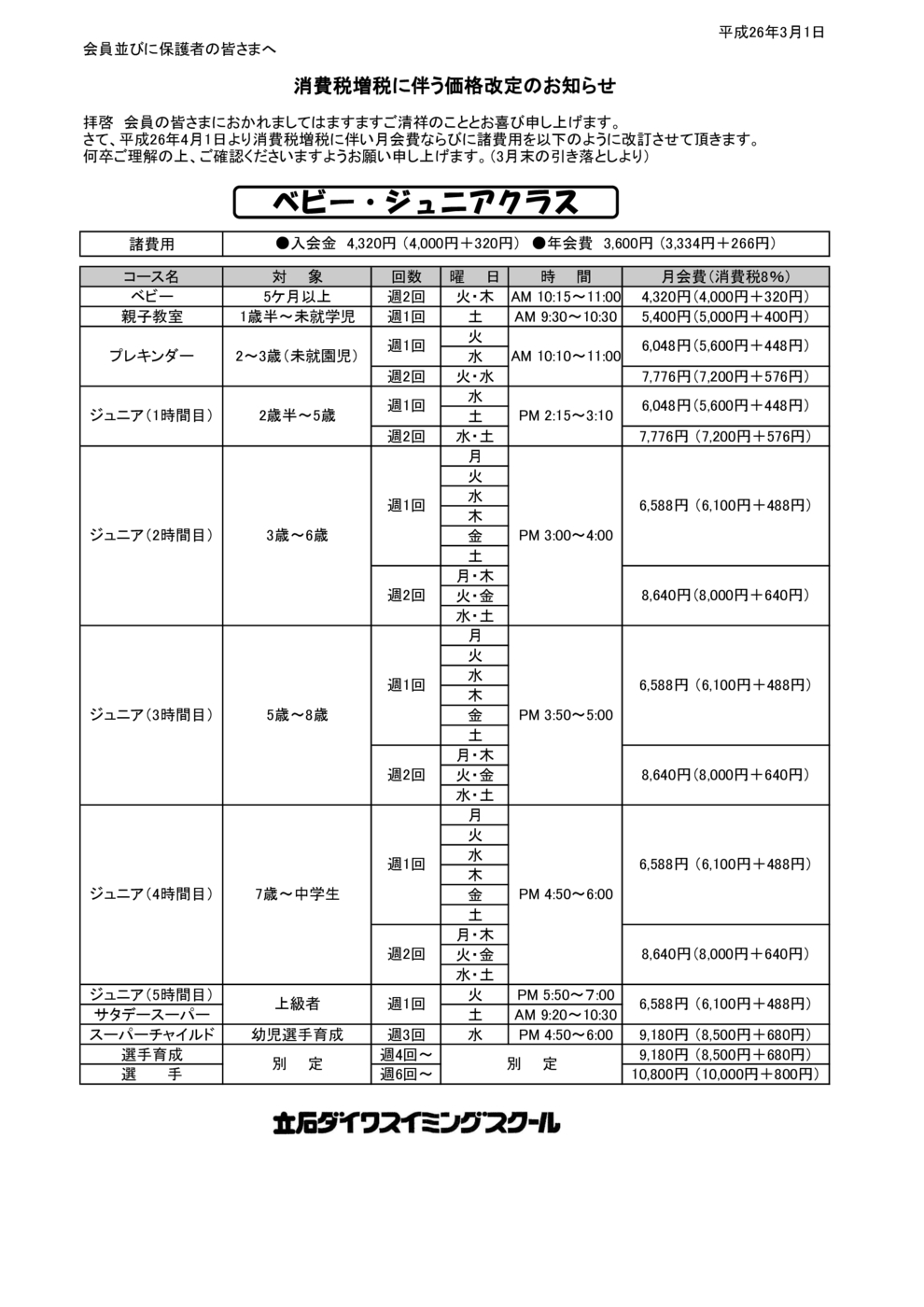 消費税増税に伴う月会費改訂のお知らせ2