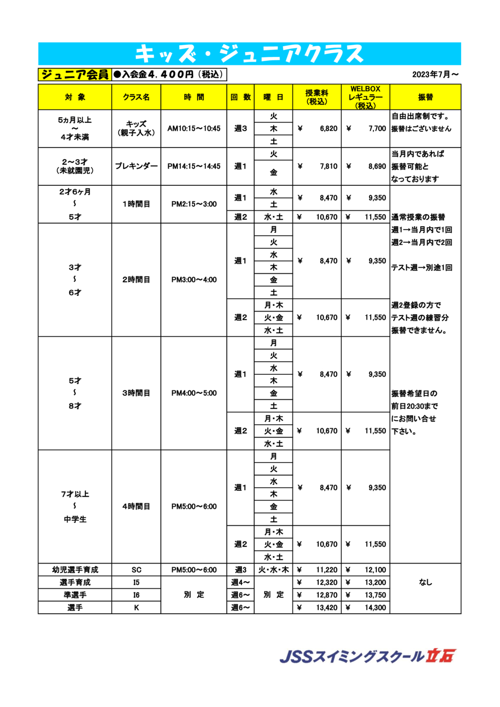 入会者用料金表