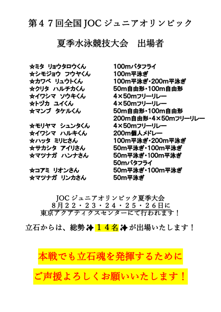 第４７回全国JOCジュニアオリンピック夏季水泳競技大会　参加者　ご声援のサムネイル