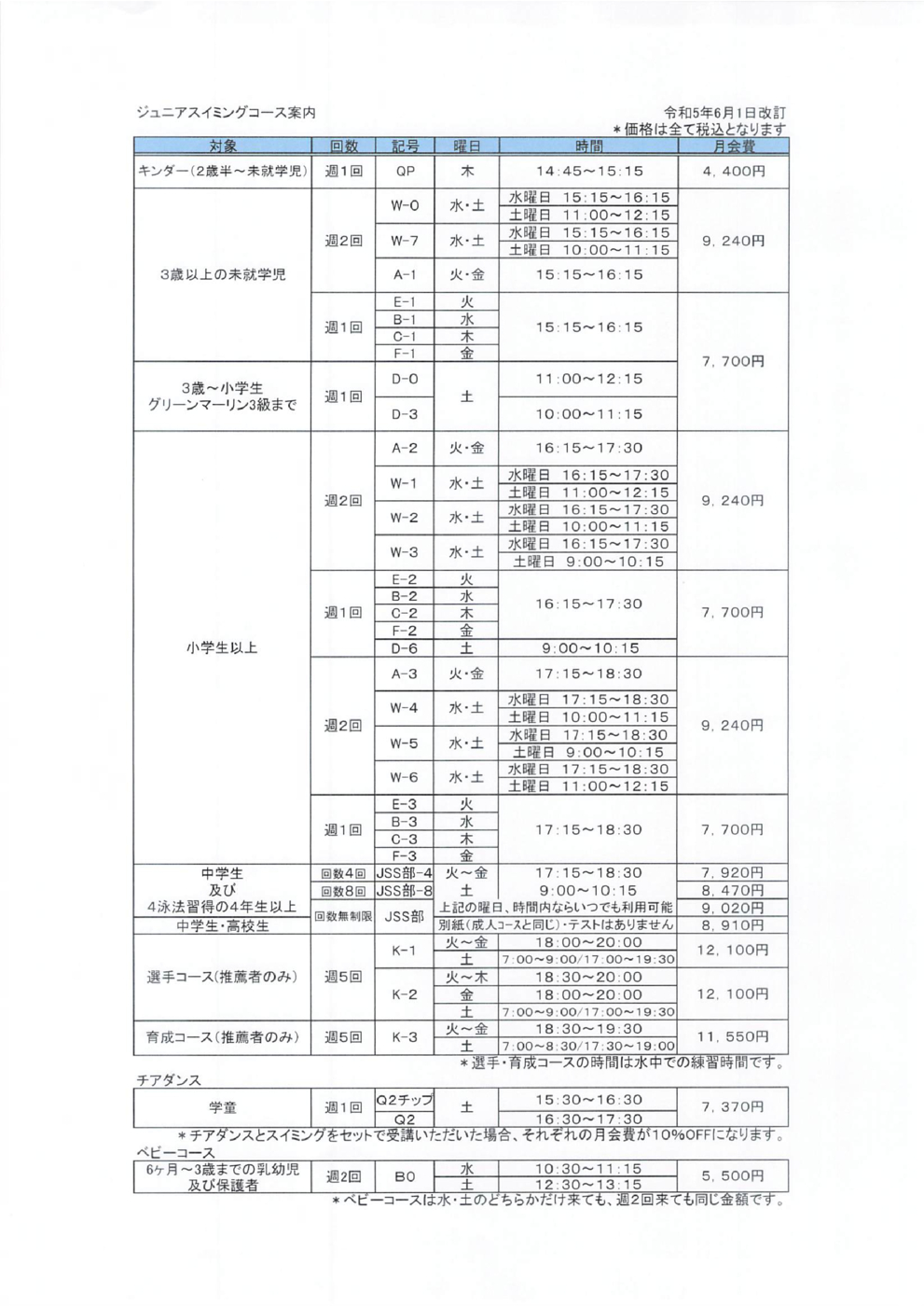 ジュニアコース料金表