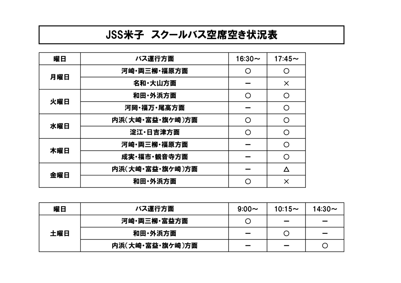 4月スクールバス空席状況表